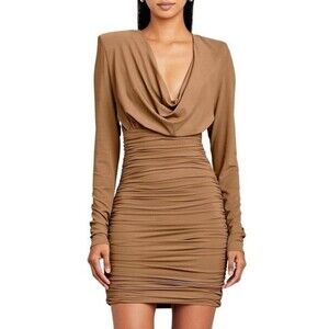 Alexandre Vauthier Draped Jersey Cowl Neck Mini Dress Tan NWT Womens Size 6 / 38